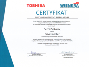 Sertyfikat Klimatyzacja Toshiba Privatmaster 2019