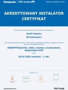 Certyfikat Panasonic Pompy Ciepla Privatmaster 2026