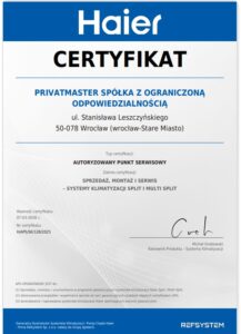 Certyfikat Haier RAC 2026 Privatmaster